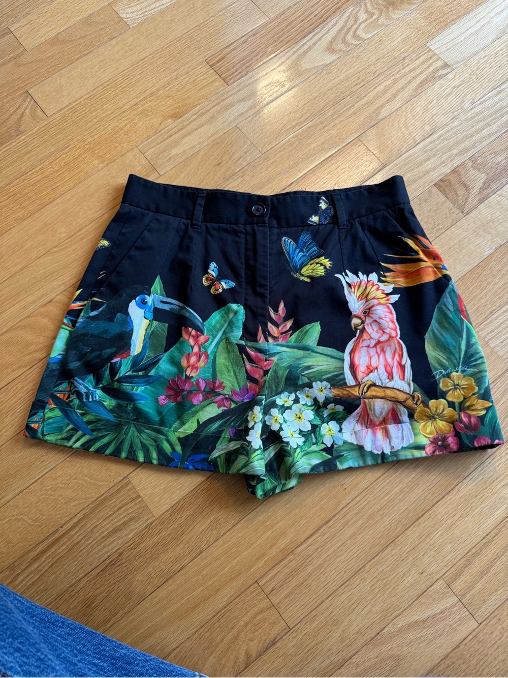Dolce & Gabbana Black High-Waist Tropical Bird & Floral Shorts